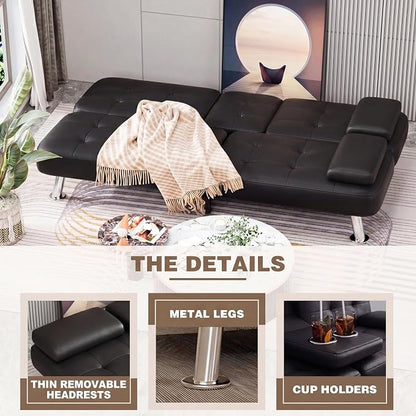 Homall Futon Sofa Bed, Leather Futon Couch with Removable Armrests, Adjustable Recliner Sleeper Sofa Bed with Dual Cup Holders for Living Room, Apartment, Office (Black)