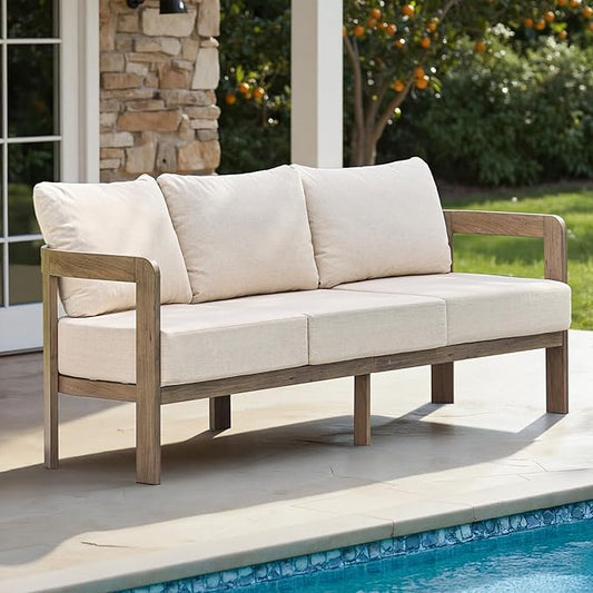 Aluminum Outdoor Patio Sofa, 3-Seat All-Weather Metal Modern Couch with Washable Thick Cushion for Garden/Backyard/Porch, Beige | All-Weather Metal