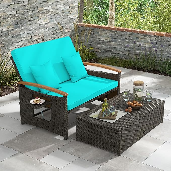 Moccha Outdoor Wicker Daybed, Patio Rattan Loveseat Sofa w/ 4-Level Adjustable Backrest, Folding Panels, Storage Ottoman & Cushions, Lounge Furniture Set for Poolside Backyard Porch (Turquoise)