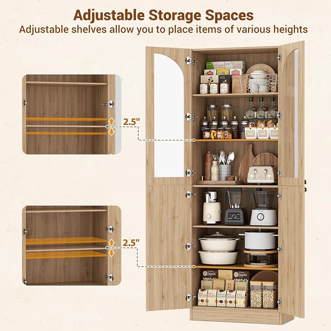 Cyclysio 80" Kitchen Pantry, Tall Arch Storage Cabinet with Tempered Glass & Soft Close Doors, Freestanding Wood Floor Cupboard Bookcase with Seamless Fit Wall for Dining Room, Living Room, Bathroom