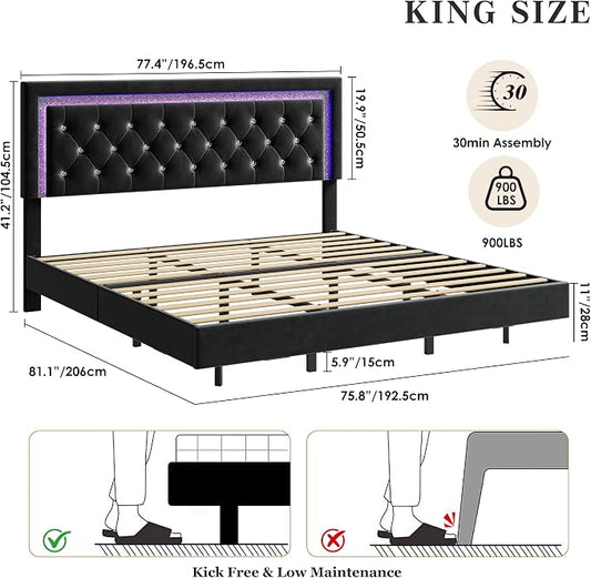 Garvee Floating Bed Frame King Size with Smart Led Lights, Upholstered Platform Bed with Diamond Headboard, Solid Wood Slats Support, No Box Spring Needed, Noise-Free, Easy Assembly, Black