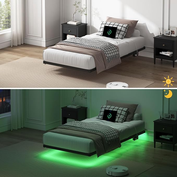 YORMDMO Floating Bed Frame Twin Size, Heavy Duty Bedframe with Smart LED Lights & Charging Station, Modern Metal Platform Bed, Easy Assembly No Box Spring Needed, 8 Inch