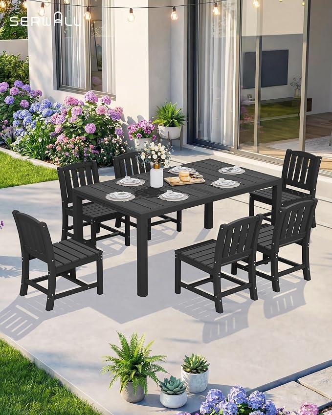 SERWALL Outdoor Expandable Dining Table 60" - 83", Black | Patio Dining Table for 4-8 People, All Weather HDPE and Aluminum Outdoor Furniture