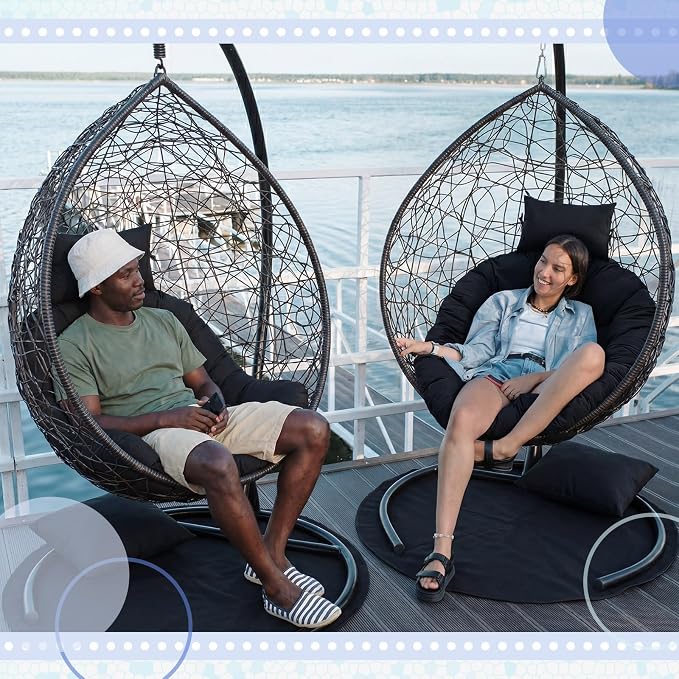 Tudomro Black Egg Chair Cushion Hanging Basket Chair Replacement 45x45 Hammock Basket Swing Waterproof Cushion Hanging Swing Pads with Headrest for Indoor Outdoor Porch Backyard Patio Garden