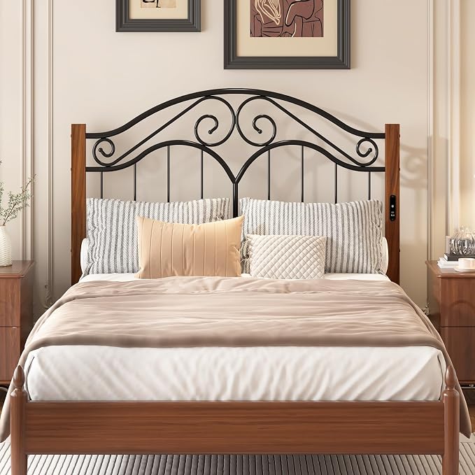 Headboard for Full Size Bed Frame with Charging Station USB & Type C Ports | Vintage Platform Bed Headboard Only,Adjustable,Iron Legs,Easy Assembly,Black