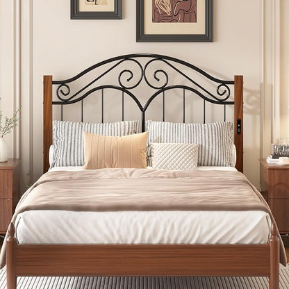 Headboard for Full Size Bed Frame with Charging Station USB & Type C Ports | Vintage Platform Bed Headboard Only,Adjustable,Iron Legs,Easy Assembly,Black