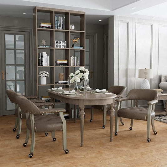 LEEMTORIG Set of 4 Dining Chairs with Casters and Arms, Rolling Dining Chairs with Wheels for Elderly, Ergonomic Wide Seat Wooden Office Desk Chairs, 26"D x 25.2"W, Grey Legs & Dark Brown SY-1318-DK
