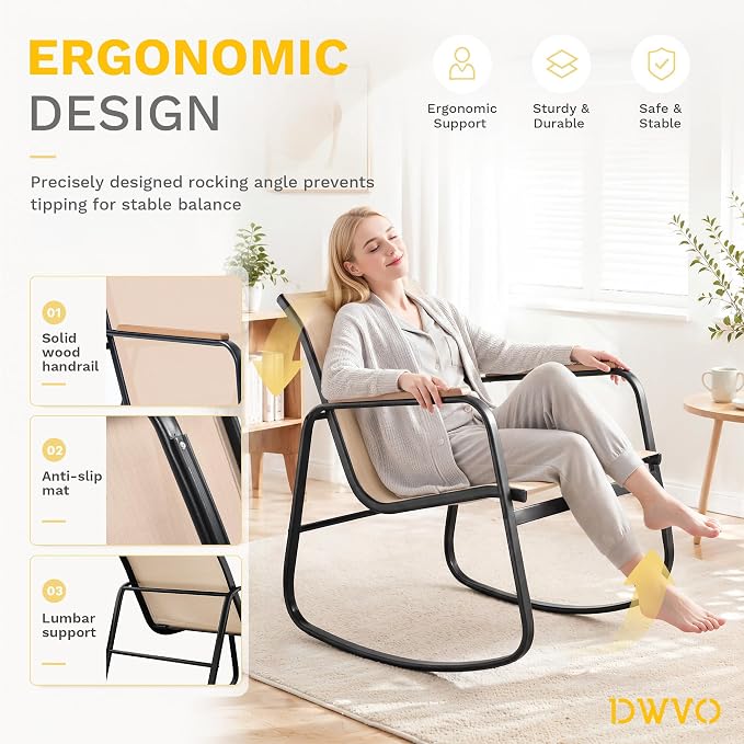 DWVO 4-Piece Patio Furniture Set, Textilene Conversation Set with Wooden Armrest Rocking Chairs and Tempered Glass Table for Indoor Outdoor Patio Lawn Garden Poolside, Brown
