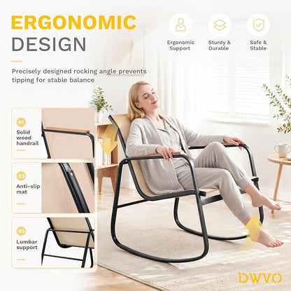 DWVO 4-Piece Patio Furniture Set, Textilene Conversation Set with Wooden Armrest Rocking Chairs and Tempered Glass Table for Indoor Outdoor Patio Lawn Garden Poolside, Brown