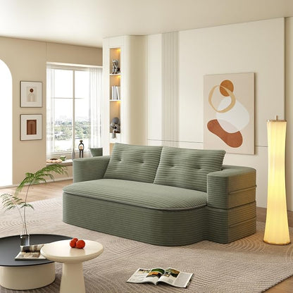78.7" Futon Sofa Bed, 2-in-1 Foldable Sleeper Sofa, Convertible Floor Couch with Pillows, Corduroy Couch, Multi Functional Blanket, Upholstered Boneless Couches for Living Room, Forest Green