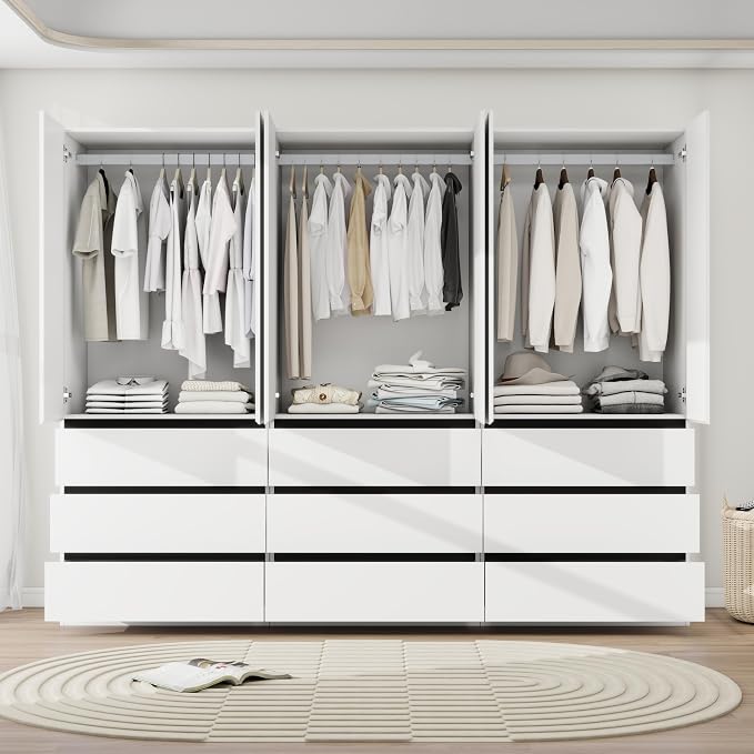 Armoire Wardrobe Closet with Drawers：75" Large White Wardrobe Closet Cabinet with 6 Doors for Hanging Clothes, Modern Wooden Bedroom Armoires with 9 Drawers and Storage (B+B+B, 94.5")