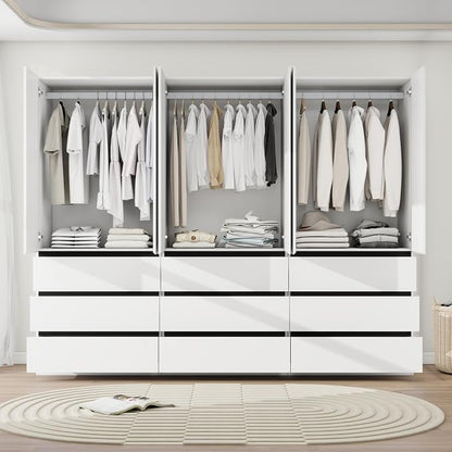 Armoire Wardrobe Closet with Drawers：75" Large White Wardrobe Closet Cabinet with 6 Doors for Hanging Clothes, Modern Wooden Bedroom Armoires with 9 Drawers and Storage (B+B+B, 94.5")