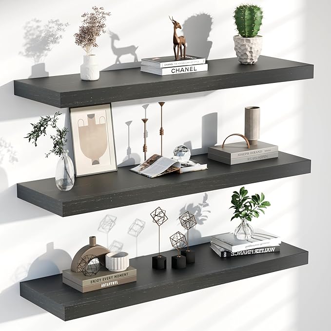 Floating Shelves for Wall, 36 Inch Extra Long Black Wall Shelves, Set of 3, Hanging Invisible Brackets Floating Shelves for Living Room,Bedroom,and Kitchen