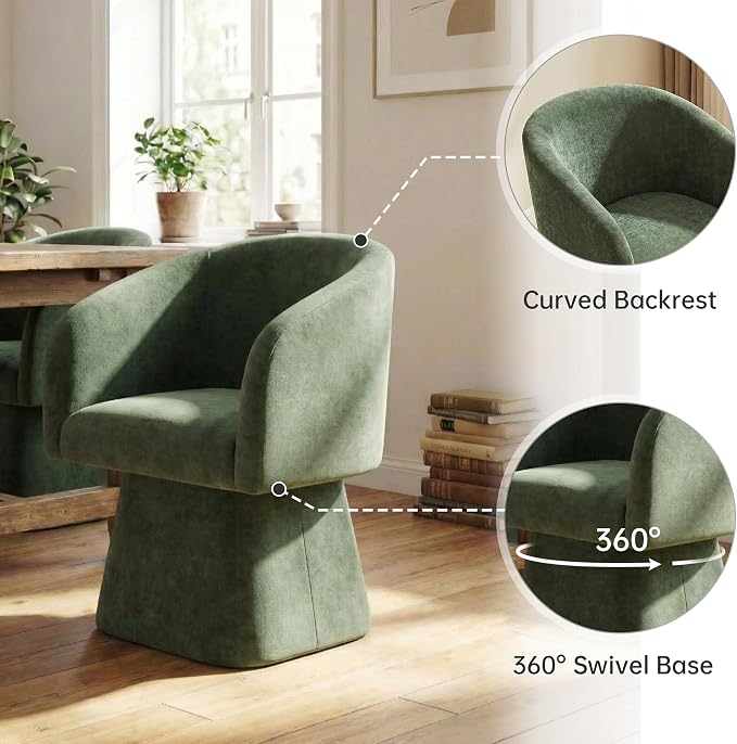 VKNOW Upholstered Swivel Dining Chairs Set of 2, Modern Dining Room Chairs with Barrel Back, Accent Arm Chair for Dining Room, Living Room, Bedroom, Vanity, Green
