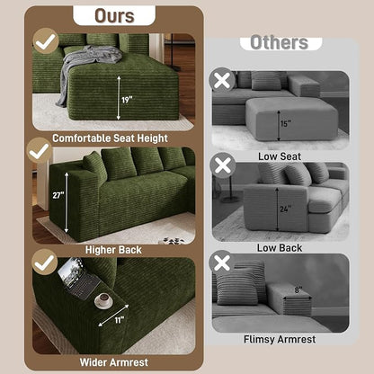 Oversized L Shaped Boneless Sectional Couches for Living Room, 107" Comfy Fluffy Cloud Modular Sectional Sofa, Plush Corduroy Memory Foam Floor Sofa with Right Facing Chaise Couch