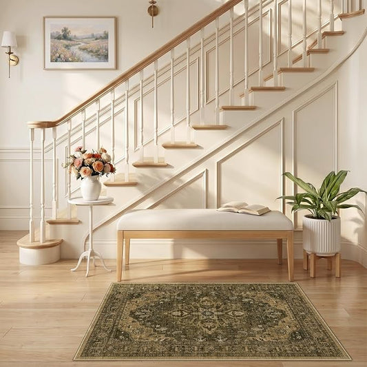 RELEANY Area Rugs Small 2'6"x4' Washable Non-Slip, Floral Vintage Distress Medallion Carpet for Kitchen Entryway Bathroom, Brown Dark Brown