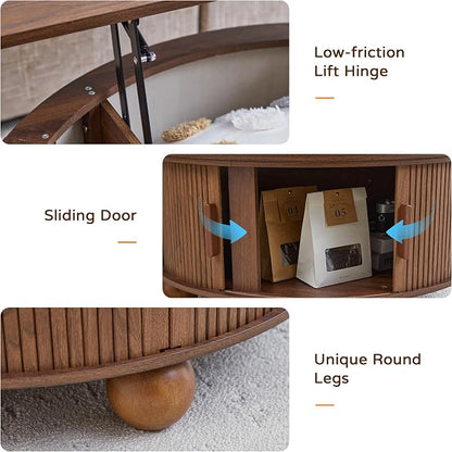 Round Lift Top Coffee Table with Hidden Storage, 33.5'' Mid-Century Modern Fluted Coffee Table with Sliding Tambour Door & Solid Wood Legs, Circle Center Table for Living Room, Small Space (Walnut)