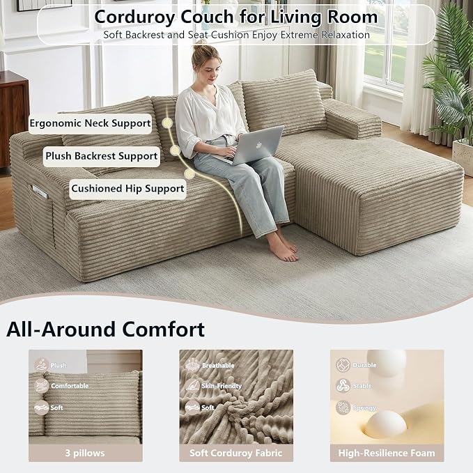 96" Cloud Sectional Couch with L-Shape Chaise, Modular Comfy Sofa Chaise Longue, Upholstered Corduroy Couches Sleeper with Deep Seat for Living Room Bedroom, No Assembly Required(Camel, Right Facing)