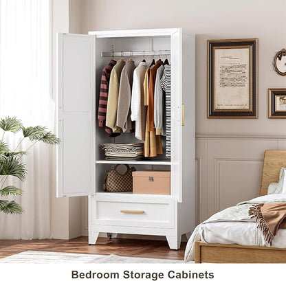 QINPTWUT 71" Tall Metal Wardrobe with Doors, Hanging Rod & Adjustable Shelf, Freestanding Steel Armoire for Bedroom Home Office, 1-Drawer White