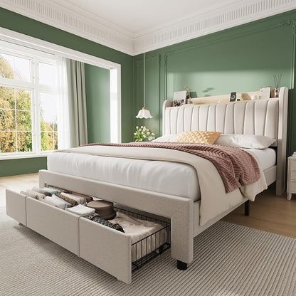 GarveeHome Upholstered Bed Frame with Storage Headboard and Charging Station, Platform Bed Frame with Drawers, Heavy Duty, No Box Spring Needed, Easy Assembly, Beige, Full Size