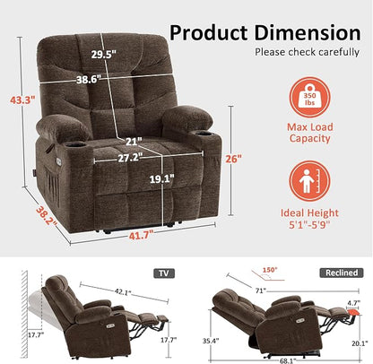 MCombo Oversized Power Lift Recliner Chair with Extended Footrest, Extra Wide for Big and Tall Elderly People, Fabric R7289 (Brown, Medium-Wide)