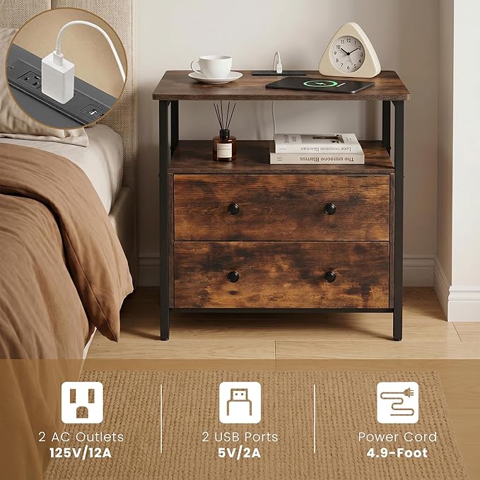 Edbuosy 27 inch Wide Night Stand with Charging Station, Bedside Table with Open Shelf, 2 Drawers Small Wood Dresser, Modern Wood Nightstand for Bedroom/Living Room, Retro Brown