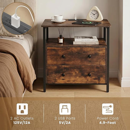 Edbuosy 27 inch Wide Night Stand with Charging Station, Bedside Table with Open Shelf, 2 Drawers Small Wood Dresser, Modern Wood Nightstand for Bedroom/Living Room, Retro Brown