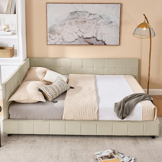Bellemave Queen Size Corner Bed Frame with Comfortable Backrest and Armrests, Velvet Tufted Corner Bed Frame Queen Size, Upholstered Daybed for Bedroom, Living Room, Guest Room, Beige