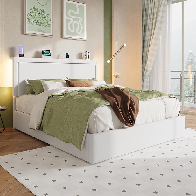 Allewie Full Size Lift Up Storage Bed Frame with Charging Station & LED Lights, Adjustable Velvet Upholstered Storage Headboard, Type-C & USB Ports, Hydraulic Support, No Box Spring Needed, White