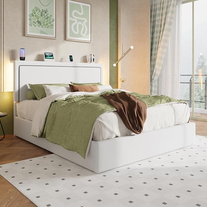 Allewie Full Size Lift Up Storage Bed Frame with Charging Station & LED Lights, Adjustable Velvet Upholstered Storage Headboard, Type-C & USB Ports, Hydraulic Support, No Box Spring Needed, White
