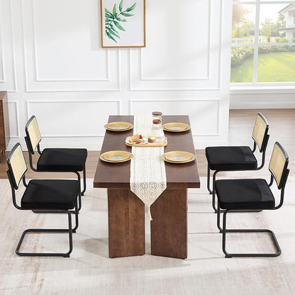 Zesthouse Natural Rattan Dining Chairs Set of 4, Modern Dining Room Chairs with Solid Wood Back for Kitchen Living Room, Mid Century Breuer Design Inspired, Upholstered Velvet Fabric, Black