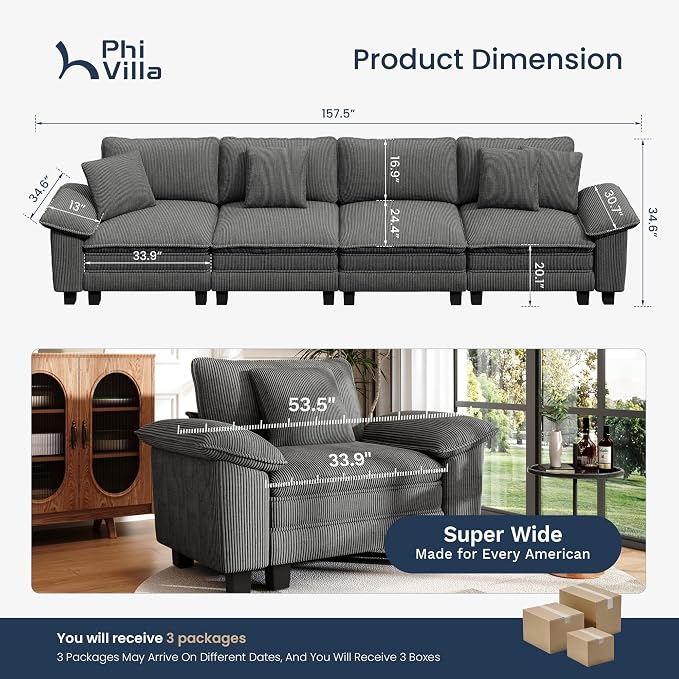 PHI VILLA Cloud Modular Couches Sets, 157.5" Sectional Sofa with Upholstered Deep Seat, 4-Seater Long Couches for Living Room Apartment, Corduroy Fabric, Grey