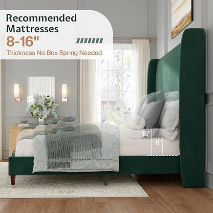 Jocisland Queen Size Bed Frame 51.2" Wingback Headboard Velvet Upholstered Platform Bed,Solid Wood Legs & Wooden Slats,No Box Spring Needed,Noise-Free,for Family Master Suite Bedroom Upgrade,Green