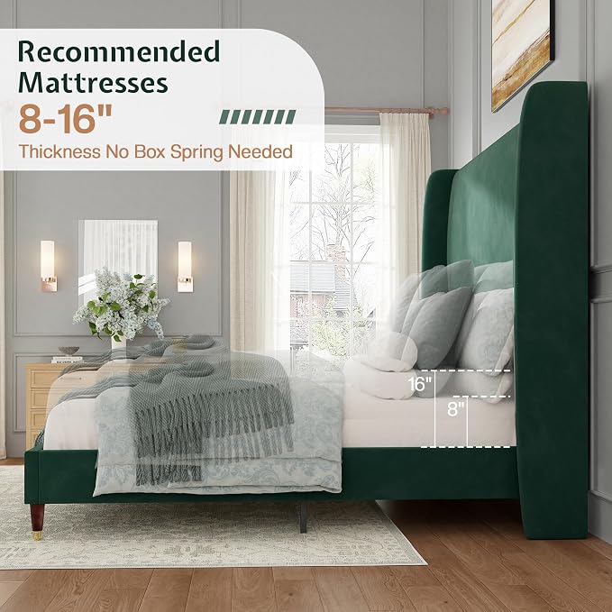 Jocisland King Size Bed Frame 51.2" Wingback Headboard Velvet Upholstered Platform Bed,Solid Wood Legs & Wooden Slats,No Box Spring Needed,Noise-Free,for Family Master Suite Bedroom Upgrade,Green