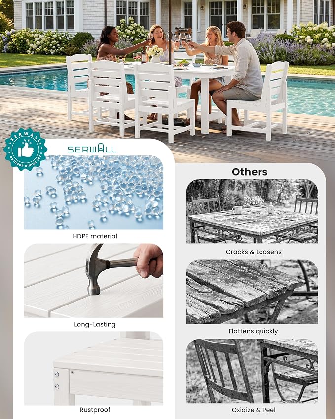 SERWALL Patio Dining Sets for 6 Person, HDPE Dining Set with 6 Armless Chairs, White