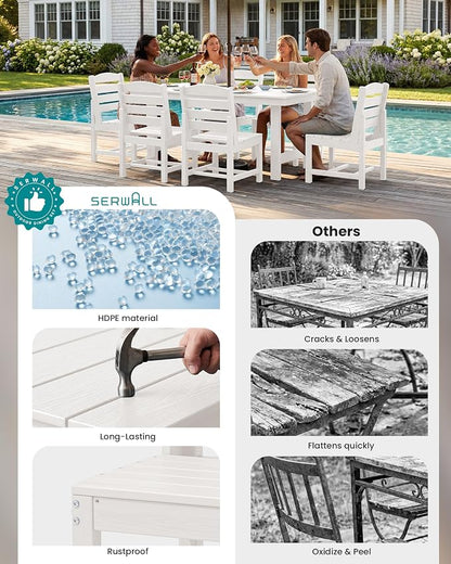 SERWALL Patio Dining Sets for 6 Person, HDPE Dining Set with 6 Armless Chairs, White