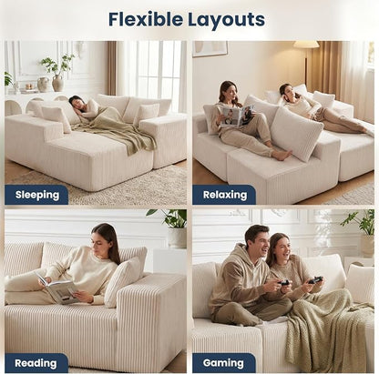 DUMOS 108" L-Shaped Sectional Boneless Couch for Living Room, Upholstered Corduroy Sofa with Deep Seat for Small Apartment, Bedroom, No Assembly in a Box, Right Facing Chaise, Beige