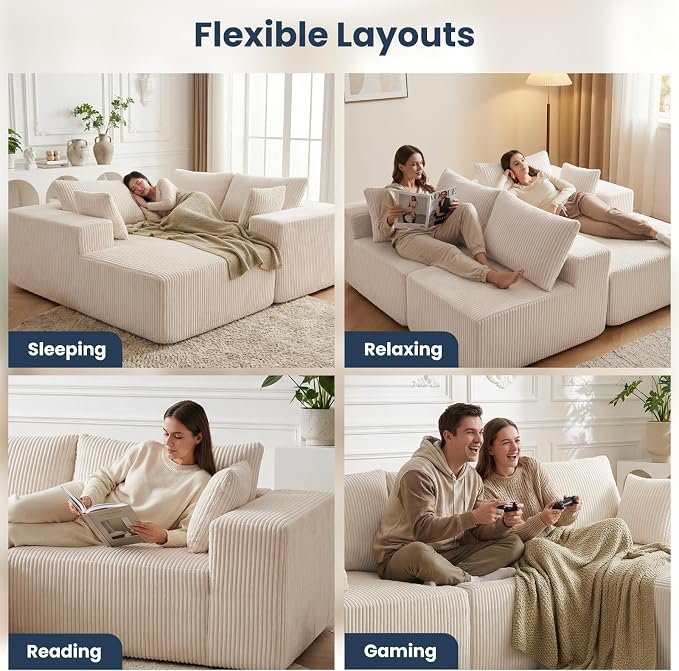 DUMOS 105" L-Shaped Sectional Boneless Couch for Living Room, Upholstered Corduroy Sofa with Deep Seat for Small Apartment, Bedroom, No Assembly in a Box, Right Facing Chaise, Beige