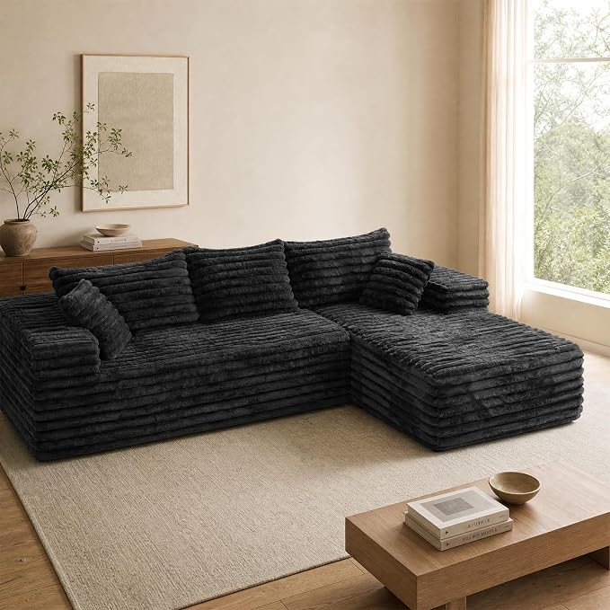 2" Corduroy Boneless Couches for Living Room, L Shape Sofa with Chaise | 102.4" Modular Sectional Sofa, Cloud Couch Sectional with Deep Seat, No Assembly, Black, Right Chaise