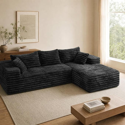 2" Corduroy Boneless Couches for Living Room, L Shape Sofa with Chaise | 102.4" Modular Sectional Sofa, Cloud Couch Sectional with Deep Seat, No Assembly, Black, Right Chaise