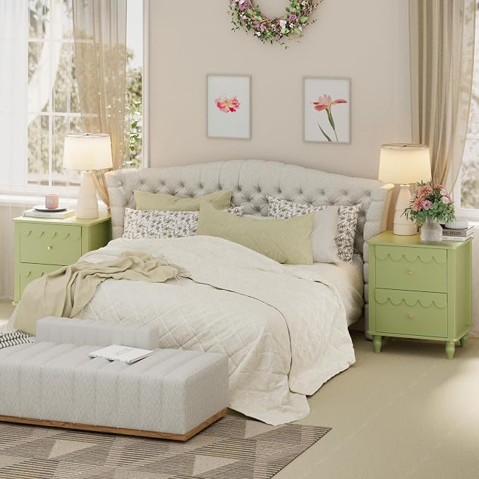 Green Nightstand Side End Table with 2 Drawers, Modern Night Stand with Petal Pattern for Bedroom, Scalloped Bedside Night Tables with Solid Wood Legs
