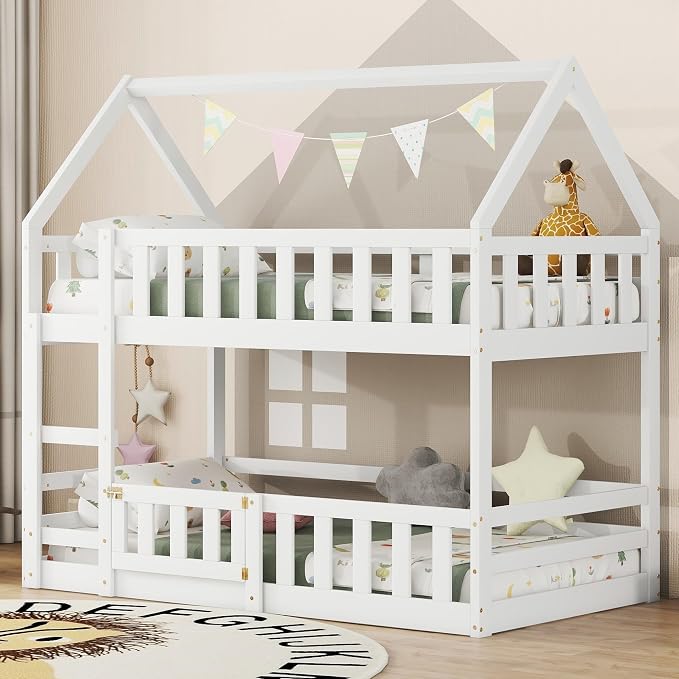 SOFTSEA Bunk Bed Twin Over Twin, Solid Wood House Bunk Bed Frame with Ladder, Door & Safety Guardrails, Floor Bunk Beds for Kids, Noise Free, Easy Assembly, White