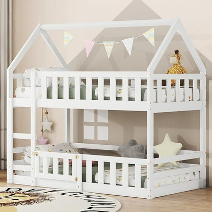 SOFTSEA Bunk Bed Twin Over Twin, Solid Wood House Bunk Bed Frame with Ladder, Door & Safety Guardrails, Floor Bunk Beds for Kids, Noise Free, Easy Assembly, White