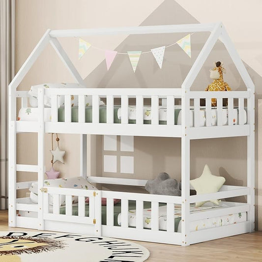 SOFTSEA Bunk Bed Twin Over Twin, Solid Wood House Bunk Bed Frame with Ladder, Door & Safety Guardrails, Floor Bunk Beds for Kids, Noise Free, Easy Assembly, White