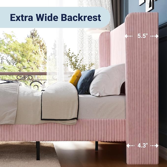 Allewie Queen Size Bed Frame with Upholstered Wingback Headboard, Vertical Channel Tufted Corduroy Velvet Platform Bed, Strong Wooden Slats Support, No Box Spring Needed, Easy Assembly, Light Pink
