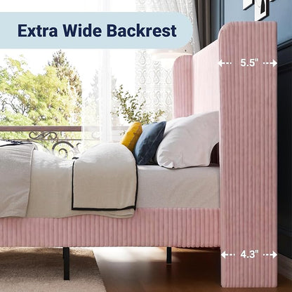 Allewie King Size Bed Frame with Upholstered Wingback Headboard, Vertical Channel Tufted Corduroy Velvet Platform Bed, Strong Wooden Slats Support, No Box Spring Needed, Easy Assembly, Light Pink