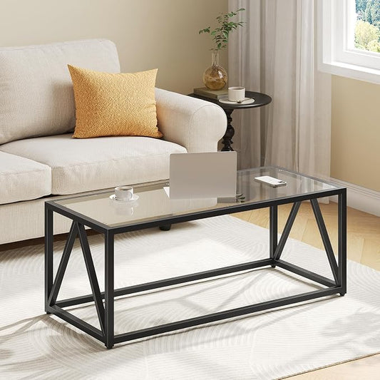 HOOBRO Glass Coffee Table, Black Coffee Tables for Living Room, Black Glass Coffee Table,1 Layer Center Table, Modern, for Apartment, Office, 39.4 x 19.7 x 17.7 Inches, Easy Assembly, Black BK04KF01