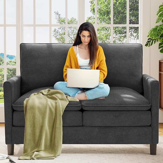 Welzona 3-Layers Cloud Loveseat Sofa, 51" Small Couch for Living Room, Bedroom - Tool-Free Assembly with Teddy Fabric Small Sofa - Grey - Futon Couch - Removable Washable Covers - 650lbs Capacity