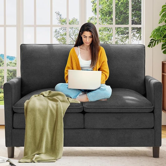 Welzona 3-Layers Cloud Loveseat Sofa, 51" Small Couch for Living Room, Bedroom - Tool-Free Assembly with Teddy Fabric Small Sofa - Grey - Futon Couch - Removable Washable Covers - 650lbs Capacity