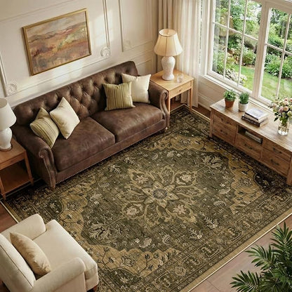 RELEANY Area Rugs 6'x9' Washable Non-Slip, Floral Vintage Distress Medallion Carpet for Living Room Bedroom Dining Room, Brown Dark Brown